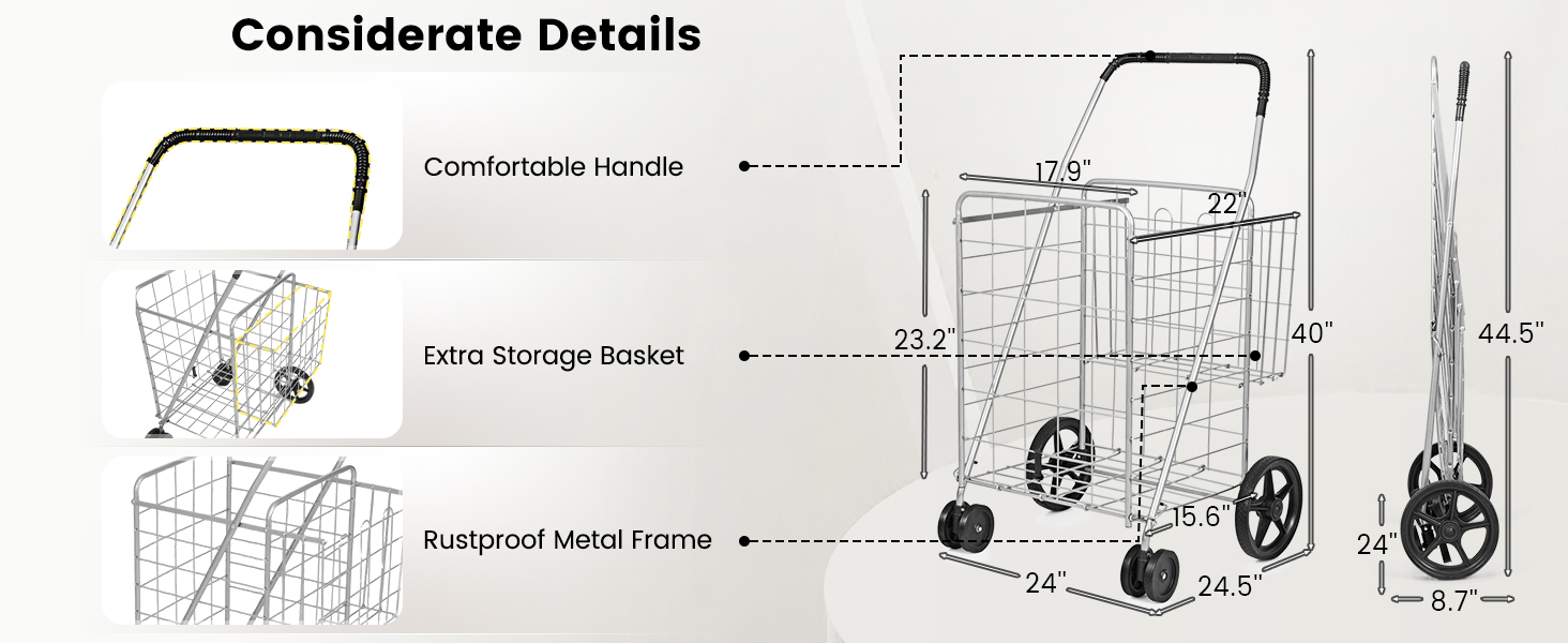 Honhorrs Folding Metal Shopping Cart with Dual Baskets, Swivel Front Wheels and Rubber Rear Wheels detail