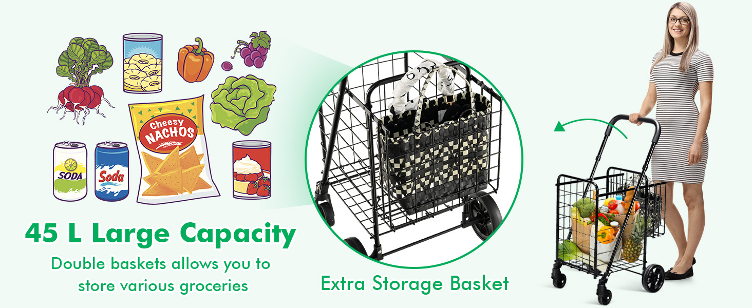 Honhorrs Folding Shopping Trolley, Twin Wire Baskets with Adjustable Handle and Swivel Front Wheels detail
