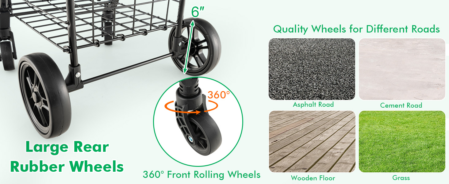 Honhorrs Folding Shopping Trolley, Twin Wire Baskets with Adjustable Handle and Swivel Front Wheels detail