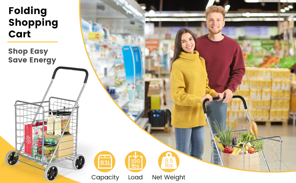 Honhorrs Folding Grocery and Laundry Cart, Steel Basket with Large Rear Wheels and Foam-Grip Handle detail