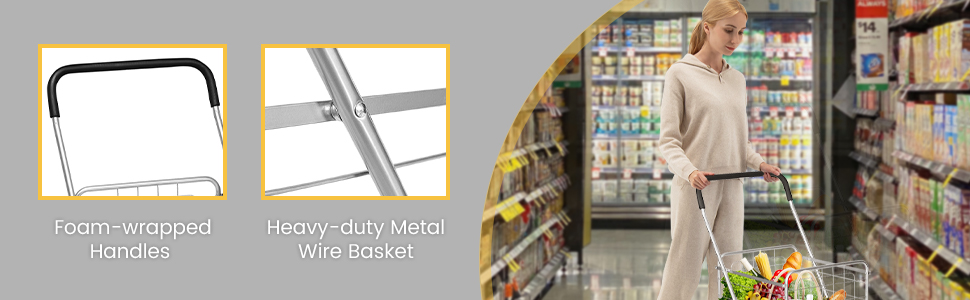 Honhorrs Folding Grocery and Laundry Cart, Steel Basket with Large Rear Wheels and Foam-Grip Handle detail