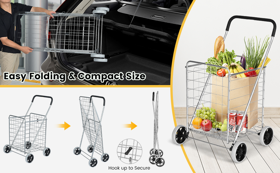 Honhorrs Folding Grocery and Laundry Cart, Steel Basket with Large Rear Wheels and Foam-Grip Handle detail