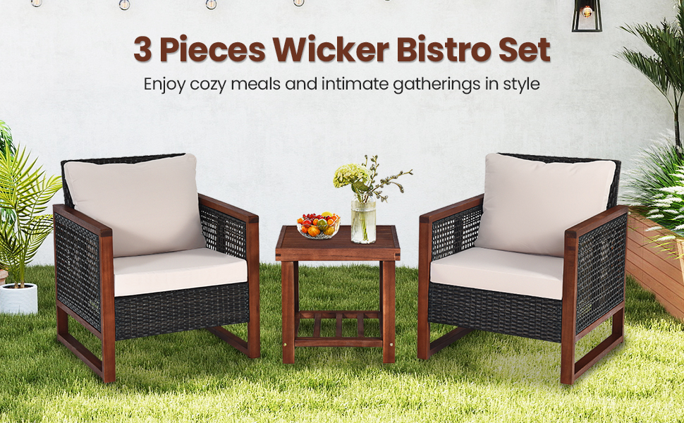 XVX Three-Piece Acacia Wood Patio Set with Rattan Seating, Removable Cushions and Shelf Table detail