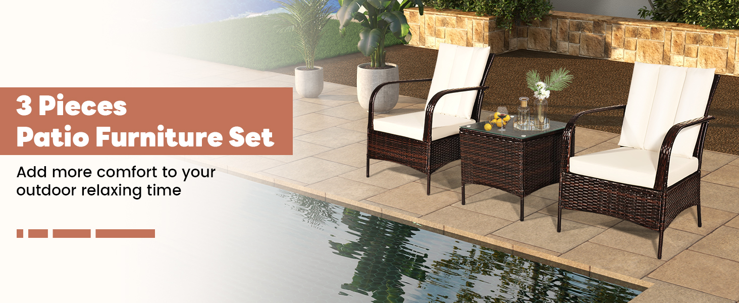 XVX Three-Piece Wicker Patio Conversation Set, Cushioned Seats and Tempered Glass Coffee Table detail